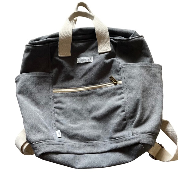 Birdling Handbags - Birdling Canvas Backpack Diaper Bag Grey Cream Webbed Straps Stripe Lining